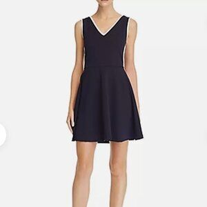 Aqua Piped Fit-and-Flare Navy Dark Blue and White Striped Dress Size XS